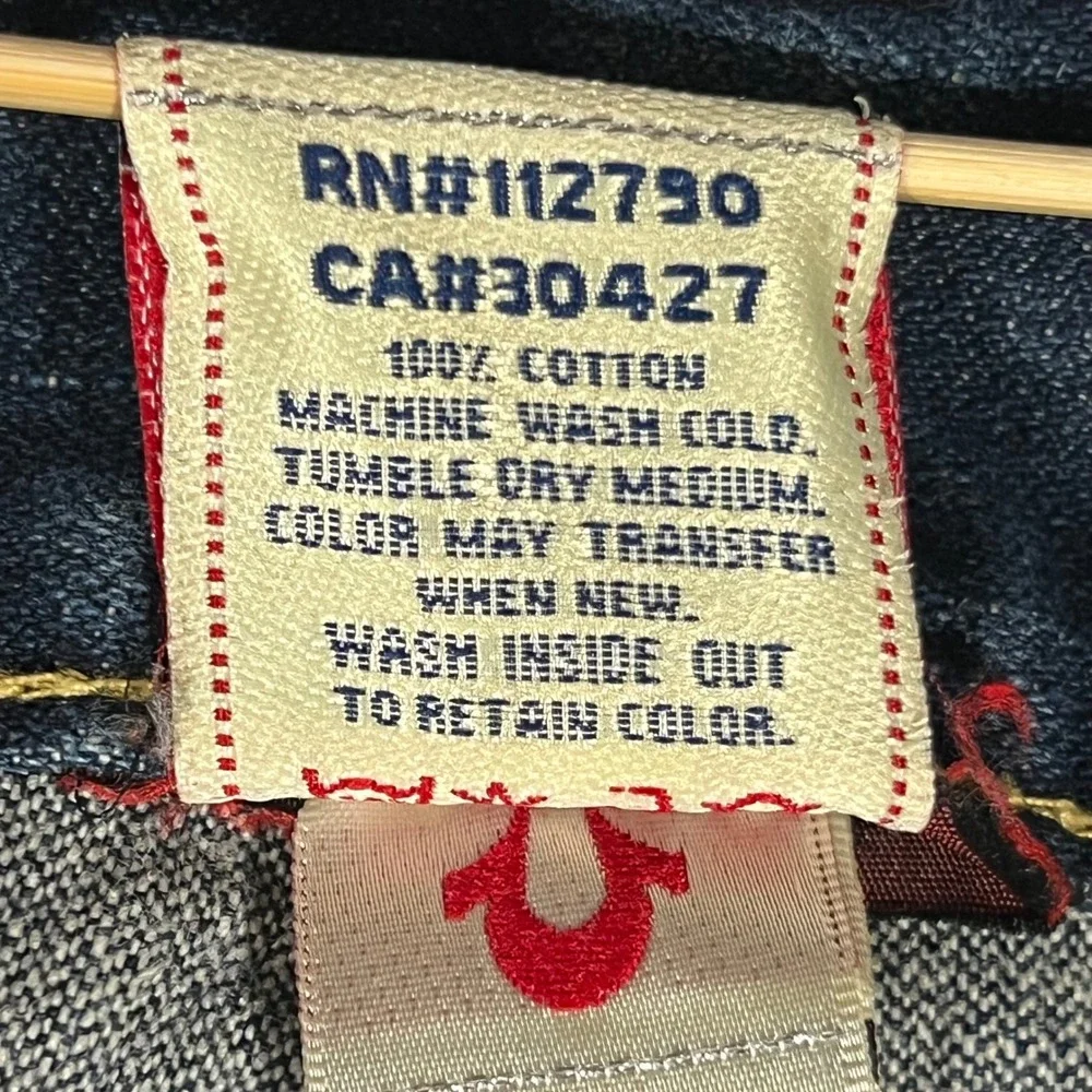 True Religion Billy Super T Dark Wash Straight Leg Jeans Men 34x33 Yellow Stitch
